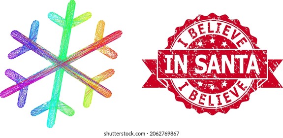 Rainbow vibrant wire frame snowflake, and I Believe In Santa corroded ribbon seal imitation. Red stamp seal includes I Believe in Santa caption inside ribbon.