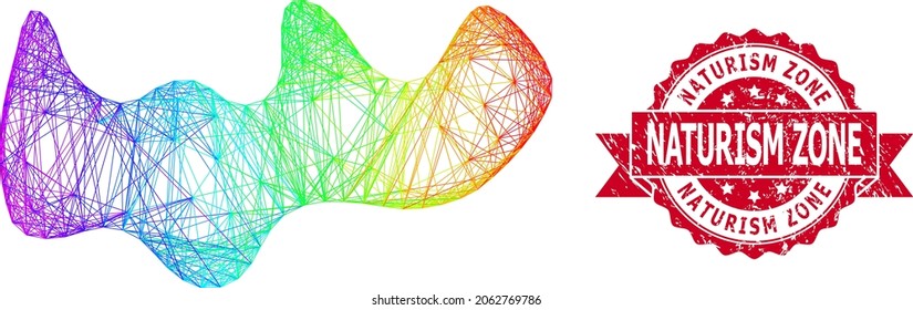 Mancha de marco de alambre vibrante arco iris e imitación de sellado de cinta impuro de la zona de naturismo. El sello rojo tiene la etiqueta Zona de Naturismo dentro de la cinta. Red plana de la carcasa de alambre geométrica basada en el icono de mancha,