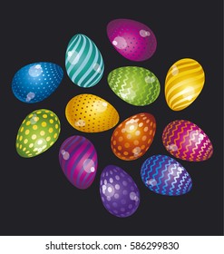 Rainbow vivid color Easter egg vector illustration set. Bright simple kid-style christian resurrection symbol. Egg life icon with assorted simple pattern and color 