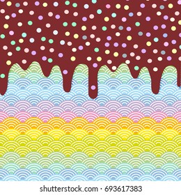 Rainbow waffles with flowing chocolate sauce and sprinkles background for your text. Sweet Kawaii funny pattern red orange yellow green blue violet pink japanese wave background. Vector