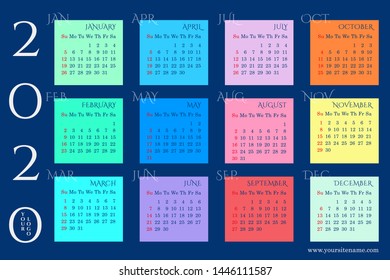Rainbow wall calendar of 2020 with blocks of months on a dark blue background. Sundays highlighted in red. Vector template