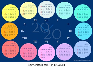 Rainbow wall calendar of 2020 in the form of a dial with months, days of the week, Roman numerals. Sundays highlighted in red. Dark blue background. Vector template 10 EPS
