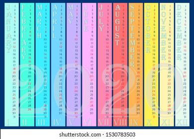 Rainbow wall calendar 2020 with vertical months and Roman numerals. Vector 10 EPS for web, print, banner