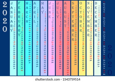 Rainbow wall calendar 2020 with vertical months. Sunday and saturday is highlighted red. Vector 10 EPS for web, print, banner, poster
