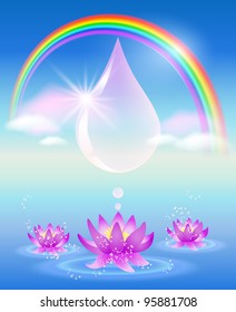 Rainbow, water drop, clouds and lilies. Symbol of clean water.