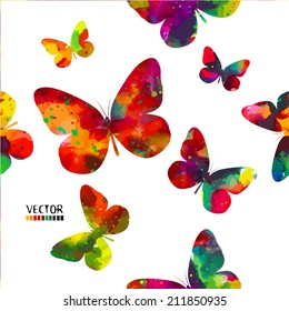 rainbow watercolor background with butterflies. Vector