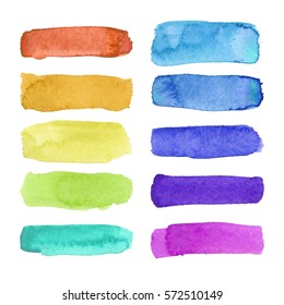 Rainbow Watercolor Brush Stroke Green Stripes Isolated On White. Colorful Painted Grunge Stripes Set. Vector Illustration.