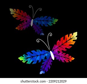 Rainbow watercolor butterfly On a black backgroun. Multicolour leaf butterflies logo, icon and t-shirt print. Vector illustration