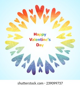 Rainbow watercolor gradient hearts. Happy Valentines Day vector card with greetings.