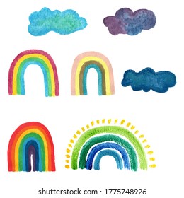 Rainbow watercolor pattern set isolated vector illustration. Paint style image for decoration design. Childish background. Colorful gradient summer backdrop. 