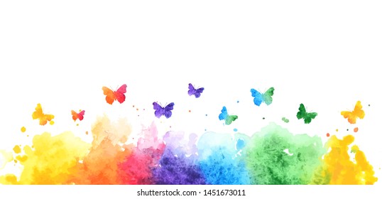 rainbow watercolor splash background with flying butterflies. vector illustration