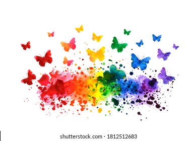 fondo salpicado de color arcoiris con mariposas voladoras. ilustración vectorial