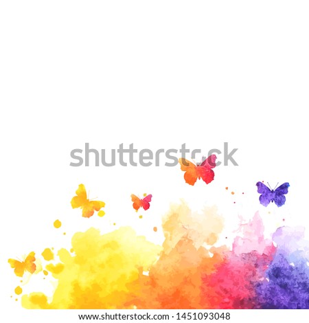rainbow watercolor splash background with flying butterflies. vector illustration