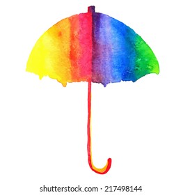 Rainbow Watercolor Umbrella On White Background. Vector Illustration