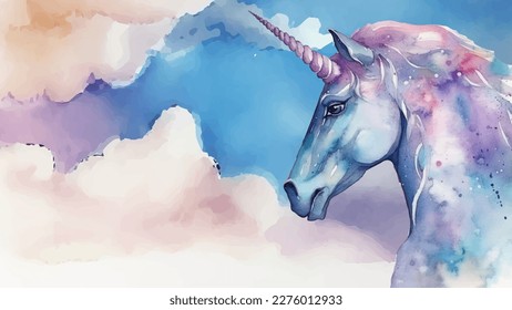 Rainbow watercolor unicorn with watercolor background
