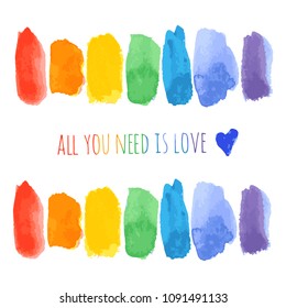 Rainbow watercolor vector brush strokes, acrylic ink splashes, hand drawn navy blue heart isolated on white background. All you need is love. Colorful symbol of gay marriage, pride, rights equality.