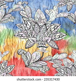 rainbow watercolors texture with doodles flowers
