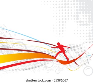 rainbow wave line background with man illustration halftone background