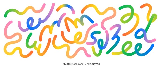 Rainbow wave line set. Abstract liquid swirl shapes with gradient flow for modern kid designs. Squiggly vector elements