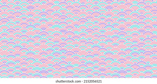 Rainbow wave seamless pattern, chinese pastel backround, cartoon japanese tender print. Abstract scallop bg. Vector illustration 