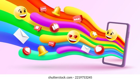 Regenbogen Welle in den Himmel soziale Symbole Telefon, Smart Art Banner. Vektorgrafik