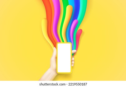 Rainbow wave in the smart phone, art banner. Vector illustration