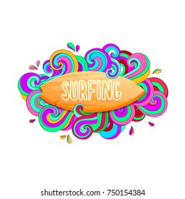Rainbow Wave surfing illustration. Surfing doodle print. Typography design for t shirt and apparel print.