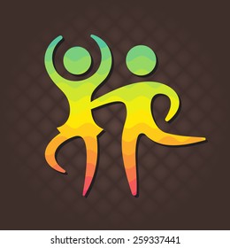 Rainbow waves colorful dancing couple vector art flat icon on a dark abstract background