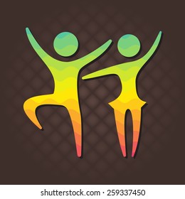 Rainbow waves colorful dancing couple vector art flat icon on a dark abstract background