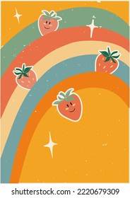 Olas arcoiris y fresas preciosas sobre un fondo amarillo. Vigas de bondad y positividad. Papel tapiz de vector colorido. Vector psicodélico fondo boho. Ilustración al estilo de los años 60, 70.