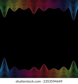 Rainbow waves line border, template banner latest technology sound vibrations on black. Vector illustration.
