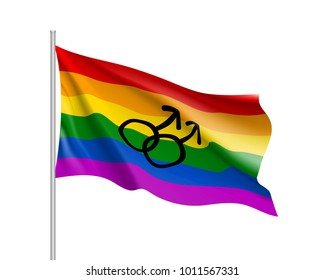 Rainbow waving flag movement lgbt, men symbol, realistic icon. Element of sexual minorities, gays and lesbians. Vector illustration of a colorful canvas