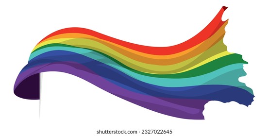Rainbow waving flag with the previous design and its seven colors, and torn border in cartoon style.