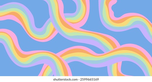 Rainbow Wavy Abstract Backgound. Cool Colorful Playful Texture. Groovy Psychedelic Stripes. Y2k Funny Vector Texture. Pop Art Retro Bg.