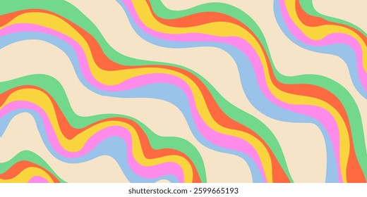 Rainbow Wavy Abstract Backgound. Cool Colorful Playful Texture. Groovy Psychedelic Stripes. Y2k Funny Vector Texture. Pop Art Retro Bg.
