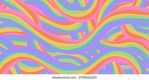Rainbow Wavy Abstract Backgound. Cool Colorful Playful Texture. Groovy Psychedelic Stripes. Y2k Funny Vector Texture. Pop Art Retro Bg.