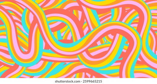 Rainbow Wavy Abstract Backgound. Cool Colorful Playful Texture. Groovy Psychedelic Stripes. Y2k Funny Vector Texture. Pop Art Retro Bg.
