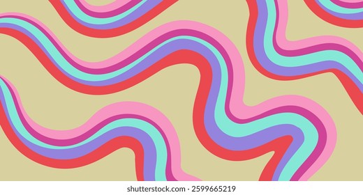 Rainbow Wavy Abstract Backgound. Cool Colorful Playful Texture. Groovy Psychedelic Stripes. Y2k Funny Vector Texture. Pop Art Retro Bg.