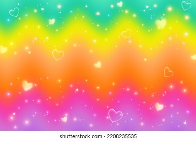 Rainbow wavy background with stars hearts and sparcles. Striped multicolor gradient glitter pattern. Vector bright banner