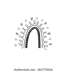Rainbow wavy lines with hearts in an arc. Vector stock illustration isolated on white background. Abstract rainbow close-up, hand drawing.
