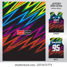 rainbow wavy pattern design, illustration, textile background for sports t-shirt, football jersey shirt mockup for football club. consistent front view