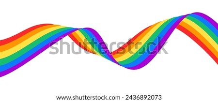 Rainbow wavy ribbon design element. LGBTQ Pride month flag. Rainbow color wave background template shape for banner, poster, flyer, brochure, booklet, cover. Vector illustration backdrop 