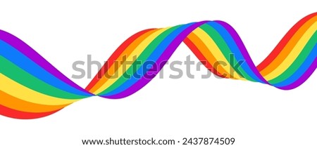 Rainbow wavy ribbon design element. LGBTQ Pride month flag flowing. Rainbow color wave background template shape for banner, poster, flyer, brochure, booklet, cover. Vector illustration backdrop