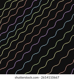 Rainbow Wavy Stripes on Black Background, Pixel Art Style