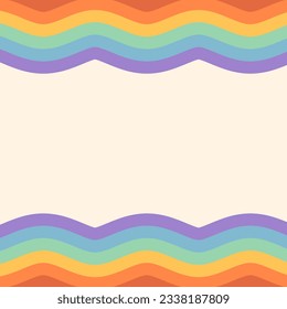 Rainbow wavy vector frame on beige background with copy space. Retro groovy square design for social media post, ad, promotion, sale, discount banner.