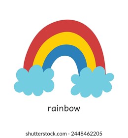 Rainbow weather flashcard for kids. Rainbow with clouds clipart in cartoon style. Educational material for school and preschool. Vector illustration