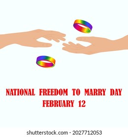 Anillos de boda arcoiris, dos manos - vector. Día nacional de la libertad para casarse. Apoyo al matrimonio entre personas del mismo sexo. Concepto LGBT.