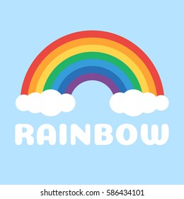 Rainbow and white clouds on a blue background. Vector illustration in flat style