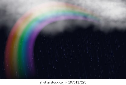 Rainbow with white clouds and rain on a dark background. Realistic vector illustration