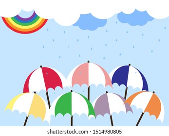 Rainbow with white clouds ,water droplets and colorful umbrella on rainy day.Blue sky background.Weather forecast.Vector.Illustration.